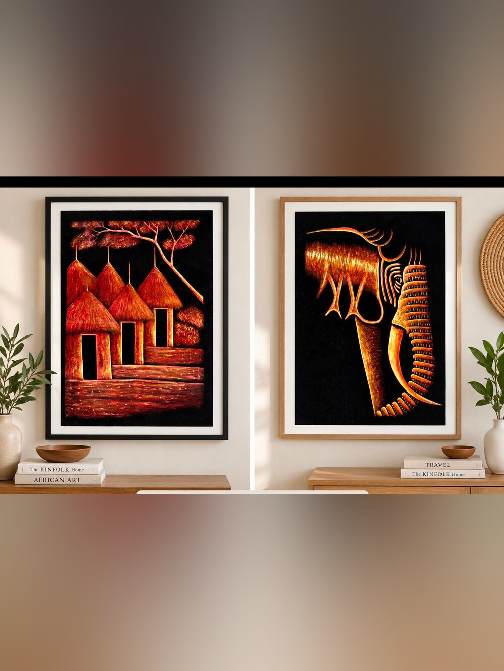 Handmade Kenya Velvet Textile Paintings Elephant & Village  Art 39x28 Unframed